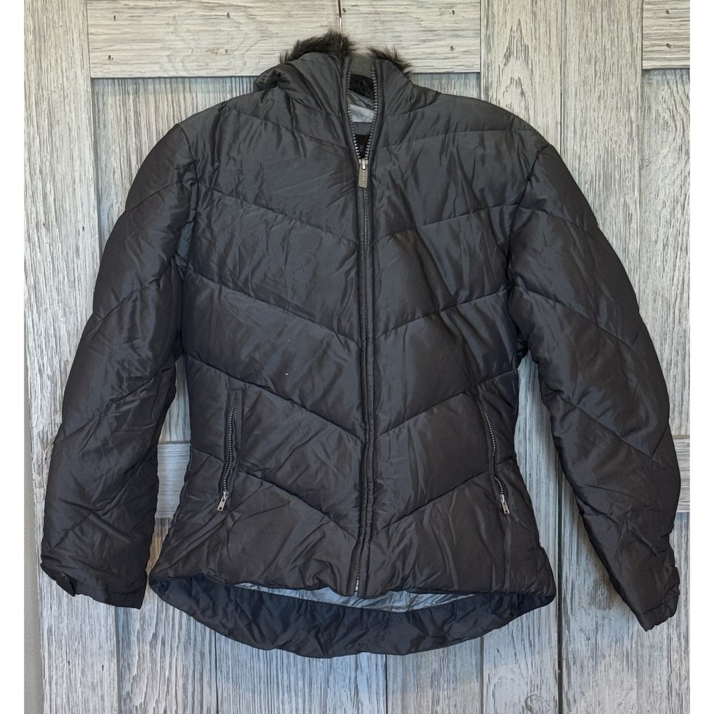 Express World Brand Puffer Hooded Faux Fur Jacket Size Xsmall Gray Read